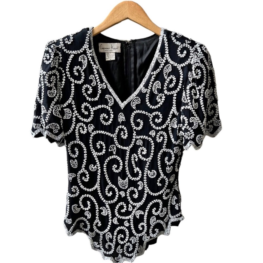 Vintage Beaded Blouse 100% Silk Black White